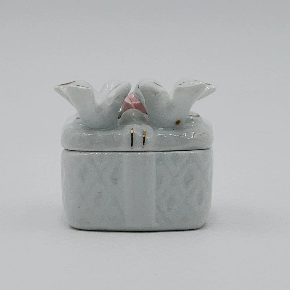 Porcelain Trinket Box Love Birds Pink Rose Gold Trim Square Ring Holder China